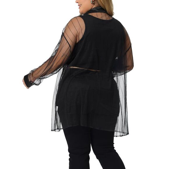 Plus Size Shirt Mesh Sheer Long Sleeve Button Down See Through Tops Black - Picture 4 of 6